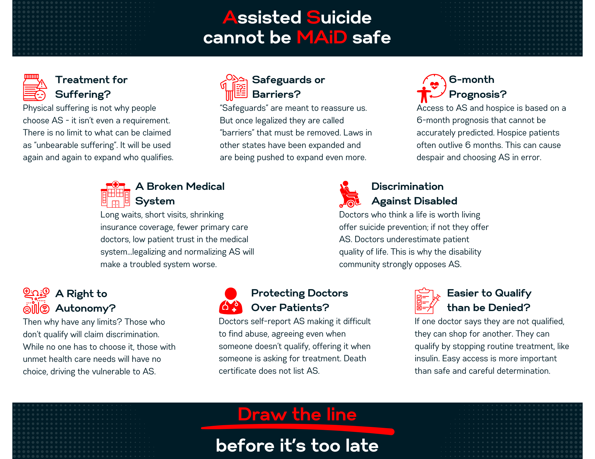 Infographic with heading Assisted Suicide cannot be M A i D safe, 8 reasons, and footer Draw the Line before it's too late
